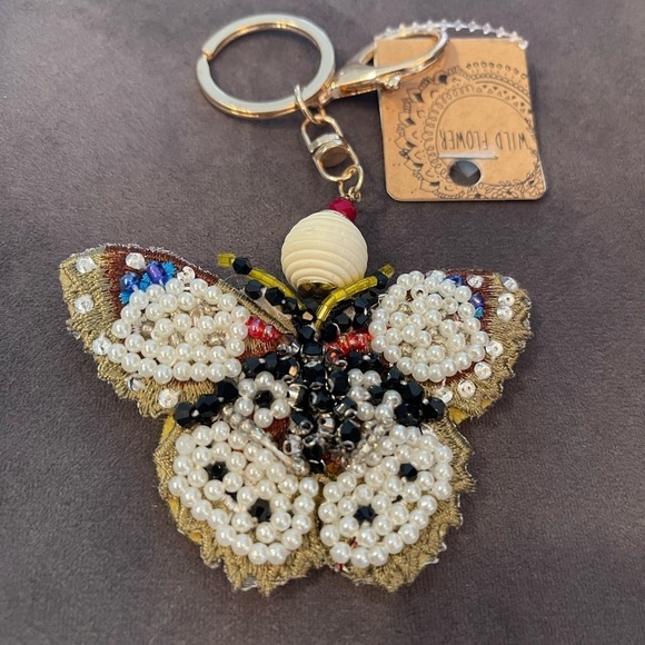 Wild Flower Accessories - Rhinestone And Beaded White Butterfly Key Chain